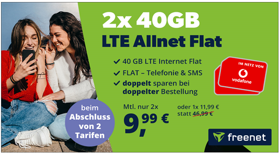 Doppelt sparen 2x 40GB Vodafone Allnet Flat für je 9,99€ und ohne Anschlusspreis